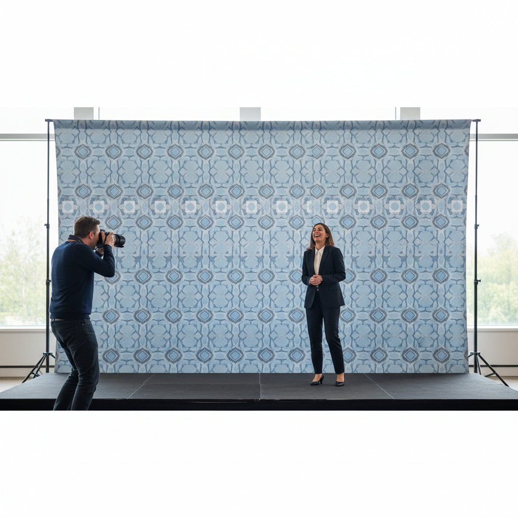 A vibrant custom tension fabric backdrop in a Canadian event space, showing a soft focus background and clear branding