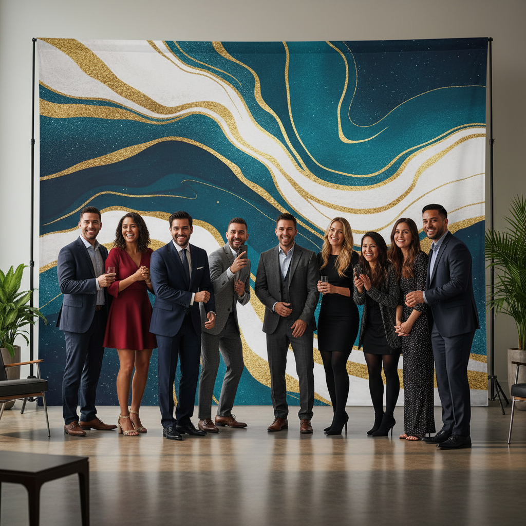 A sleek, custom tension fabric backdrop in Canada, displaying a modern geometric design in soft pastels, set up at a stylish event with natural light.