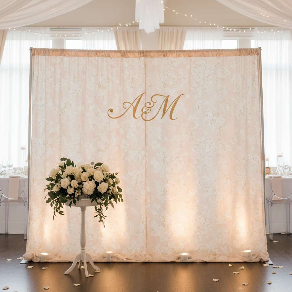 A beautiful custom wedding backdrop with monogram featuring a floral design and the couple's initials, set up at a wedding reception.