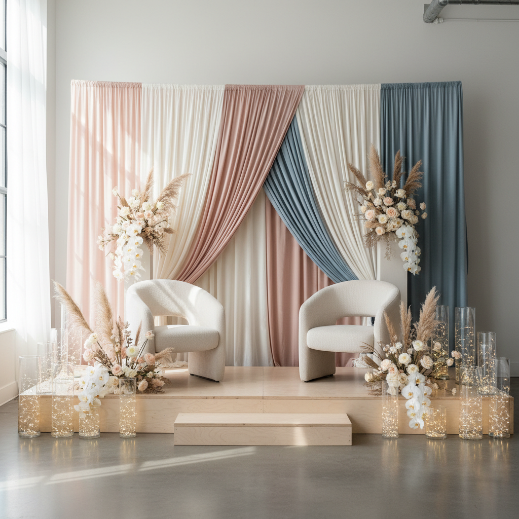 Elegant custom wedding backdrop with a gold monogram, soft white drapery, and romantic lighting
