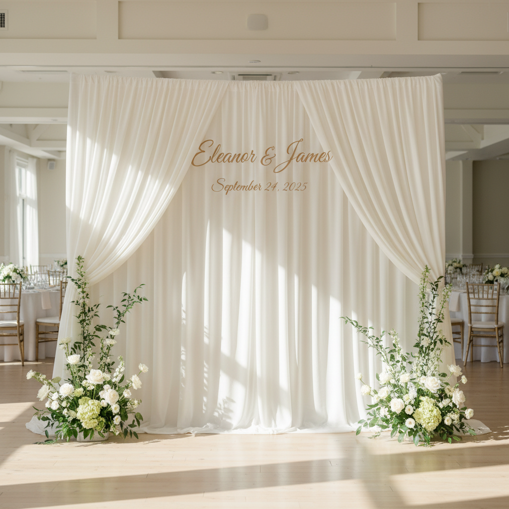 Elegant custom wedding backdrop with names in a calligraphy font, set up at a reception with soft lighting.