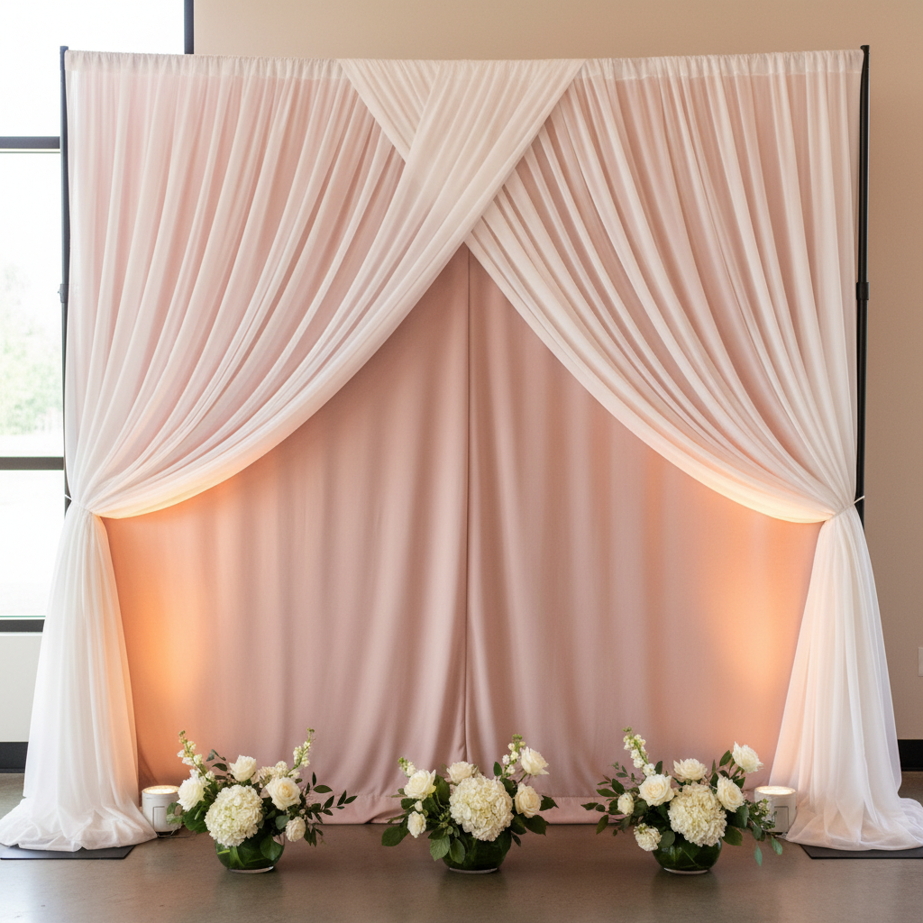 Elegant double layer drapery backdrop in soft pastel colors with a floral arrangement
