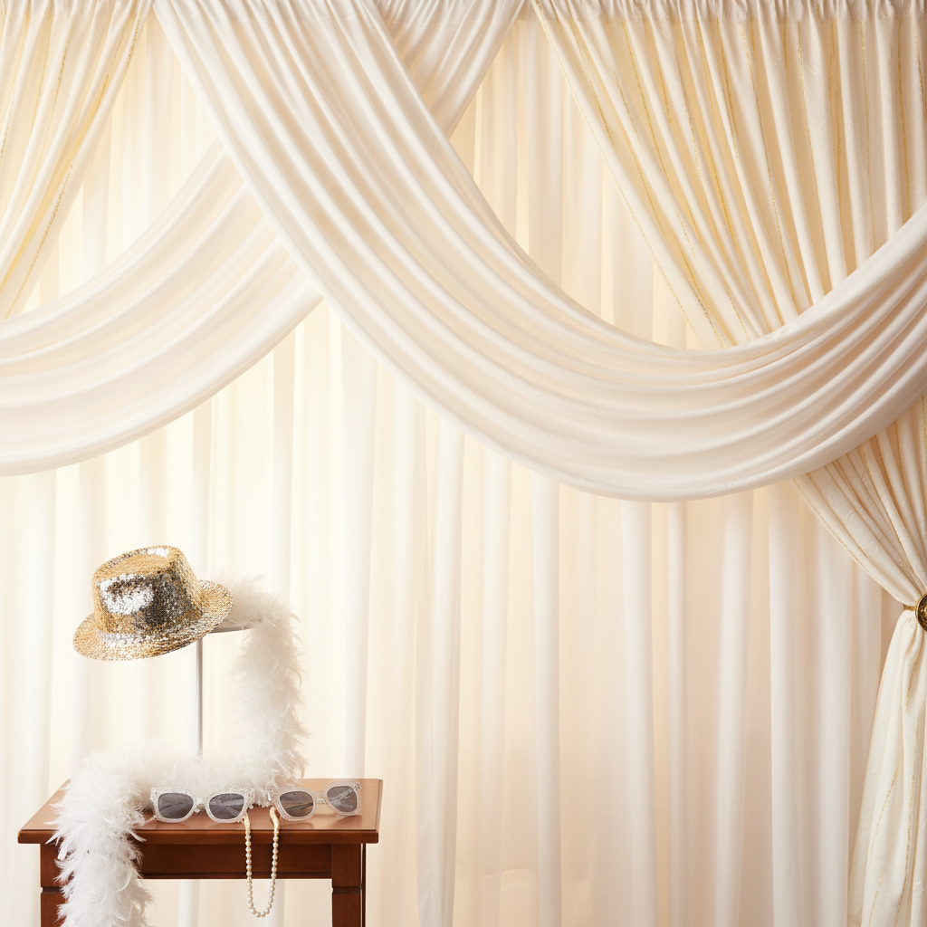 Elegant white and gold drapery backdrop for photo booth setup at a wedding