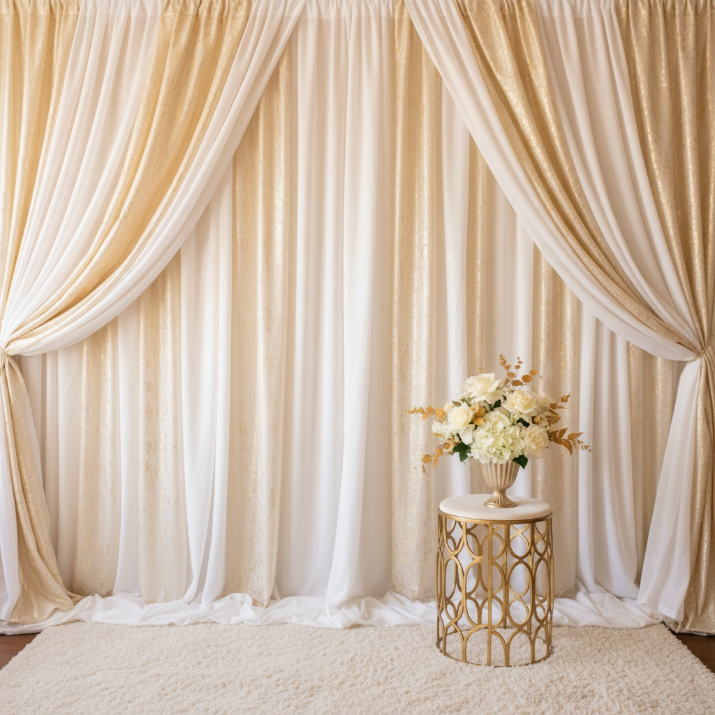 Elegant white and gold drapery backdrop for a photo booth at a wedding reception