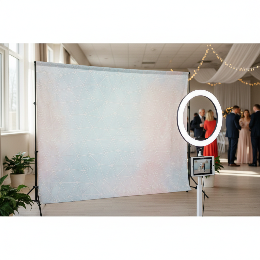 A sleek photo booth setup with an easy setup photo booth backdrop featuring a modern geometric design, a ring light, and a tablet for interaction.