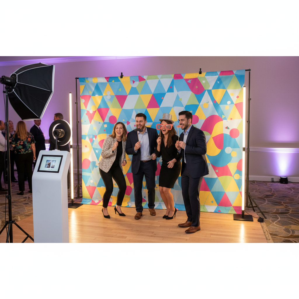 A brightly lit photo booth setup with an easy setup photo booth backdrop featuring a custom design, showing people smiling and posing.