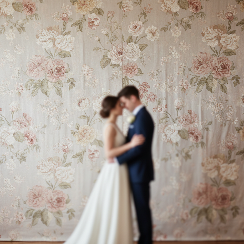An elegant wedding backdrop for photos featuring soft floral designs and gentle lighting