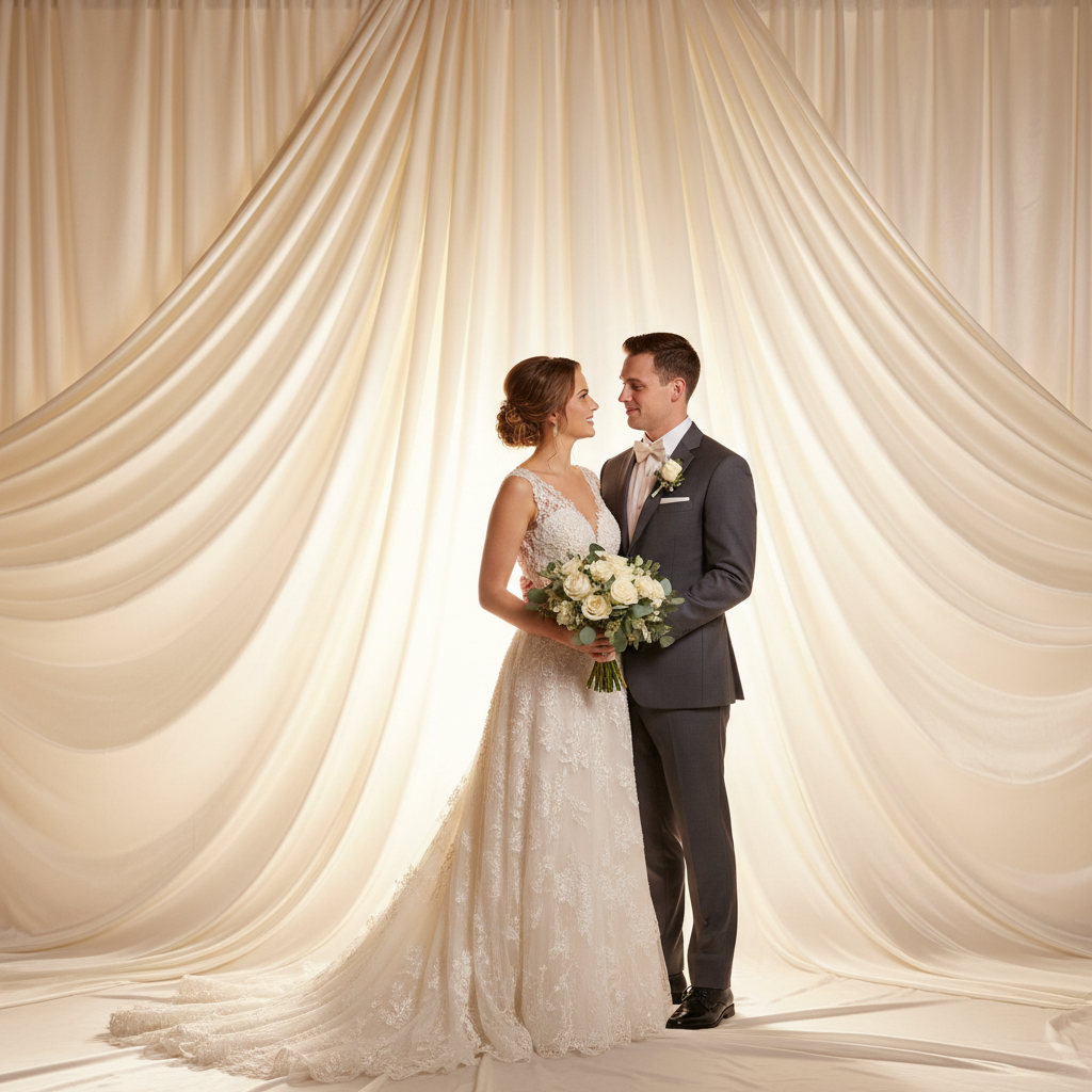 A couple posing in front of an elegant wedding backdrop for photos, featuring soft white fabric and subtle floral accents.