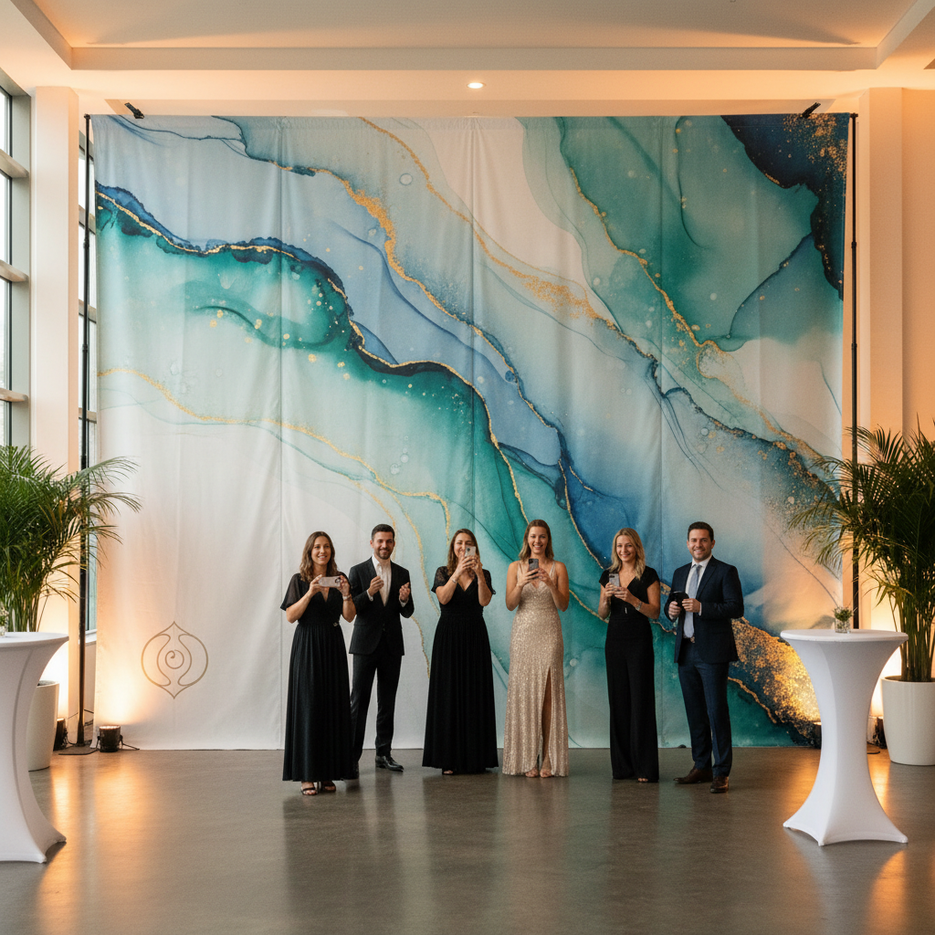 A vibrant event space with a custom event backdrop printing Canada prominently displayed, featuring a brand logo and elegant design elements. People are interacting in front of it.