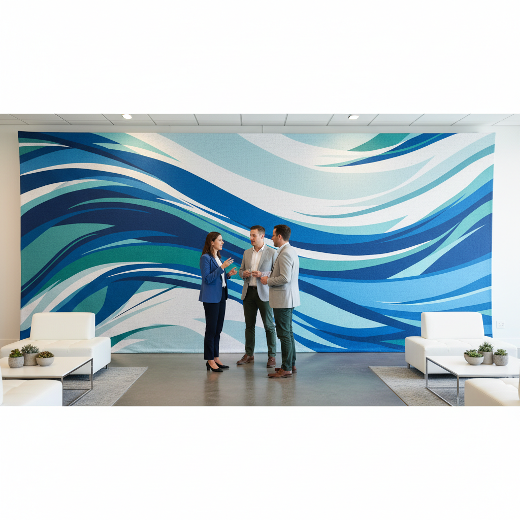 A vibrant custom fabric event backdrop featuring a brand logo, set up at a Canadian event with people posing for photos.