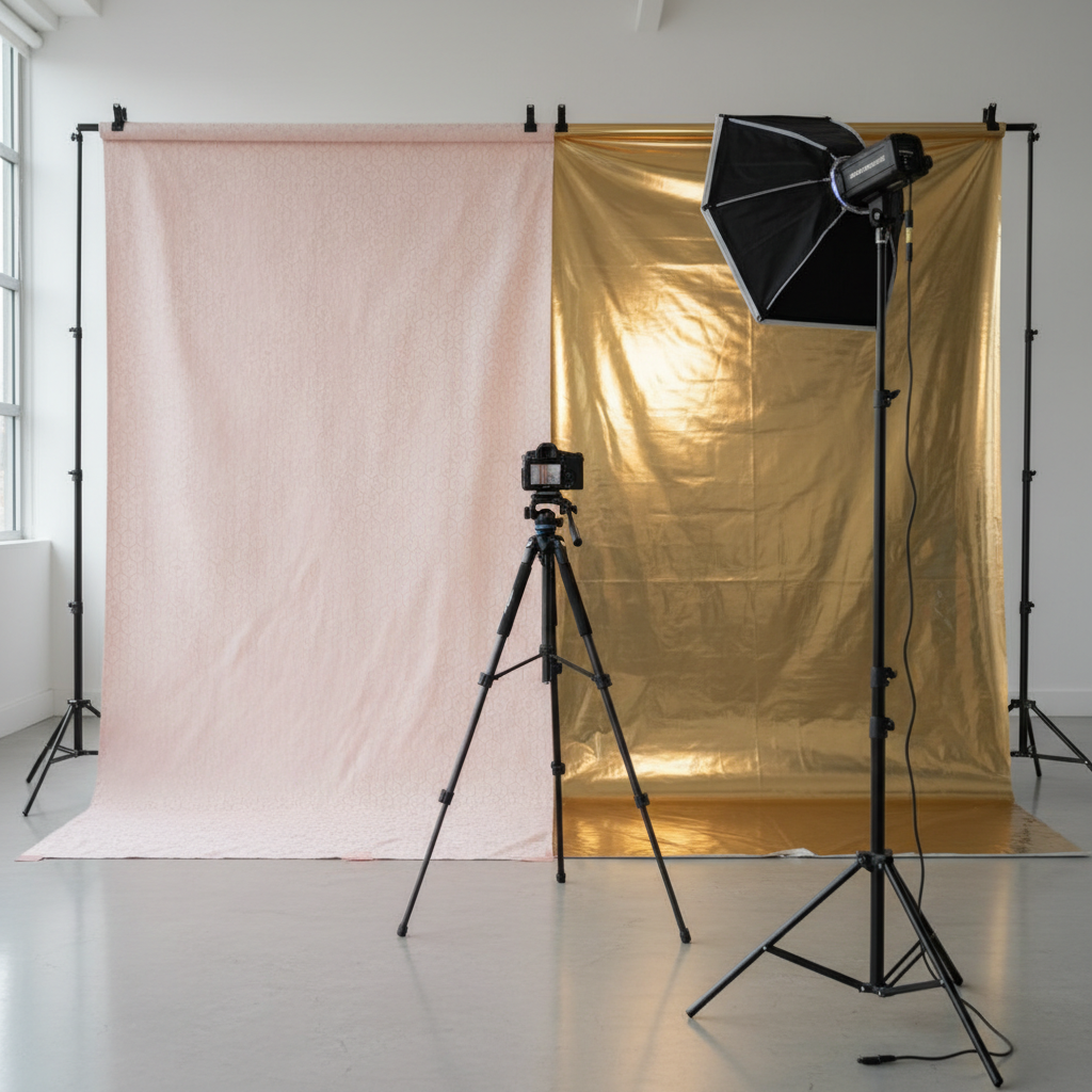 A side-by-side comparison of a smooth fabric backdrop and a glossy vinyl backdrop, both with vibrant designs, used in a photo booth setting, highlighting the differences in texture for a fabric vs vinyl backdrop photo booth.