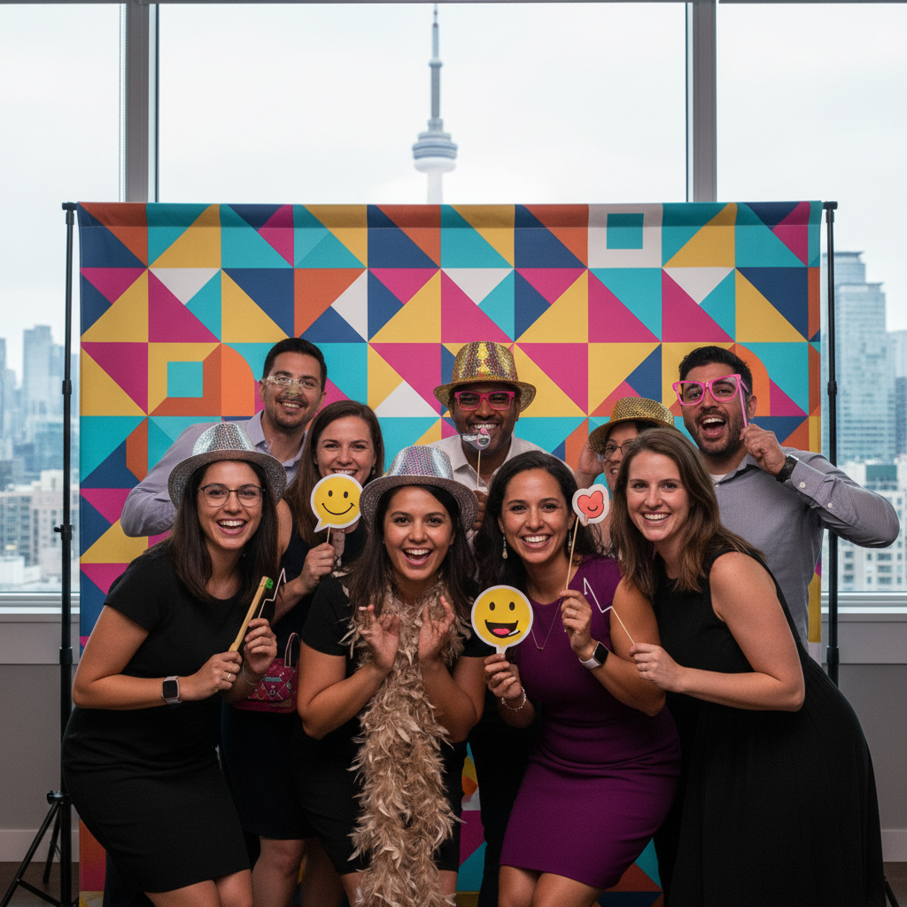 A diverse group of people posing in front of a vibrant, custom-designed photo booth backdrop at an event in Toronto, smiling and interacting with props. The backdrop features a modern, colorful geometric pattern, with professional lighting. The setting is bright and engaging.