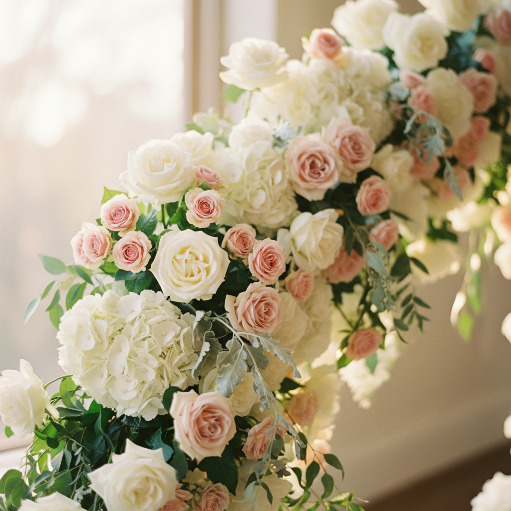 A beautiful custom floral wedding backdrop with white and blush roses, gently lit, creating a romantic atmosphere for a wedding reception