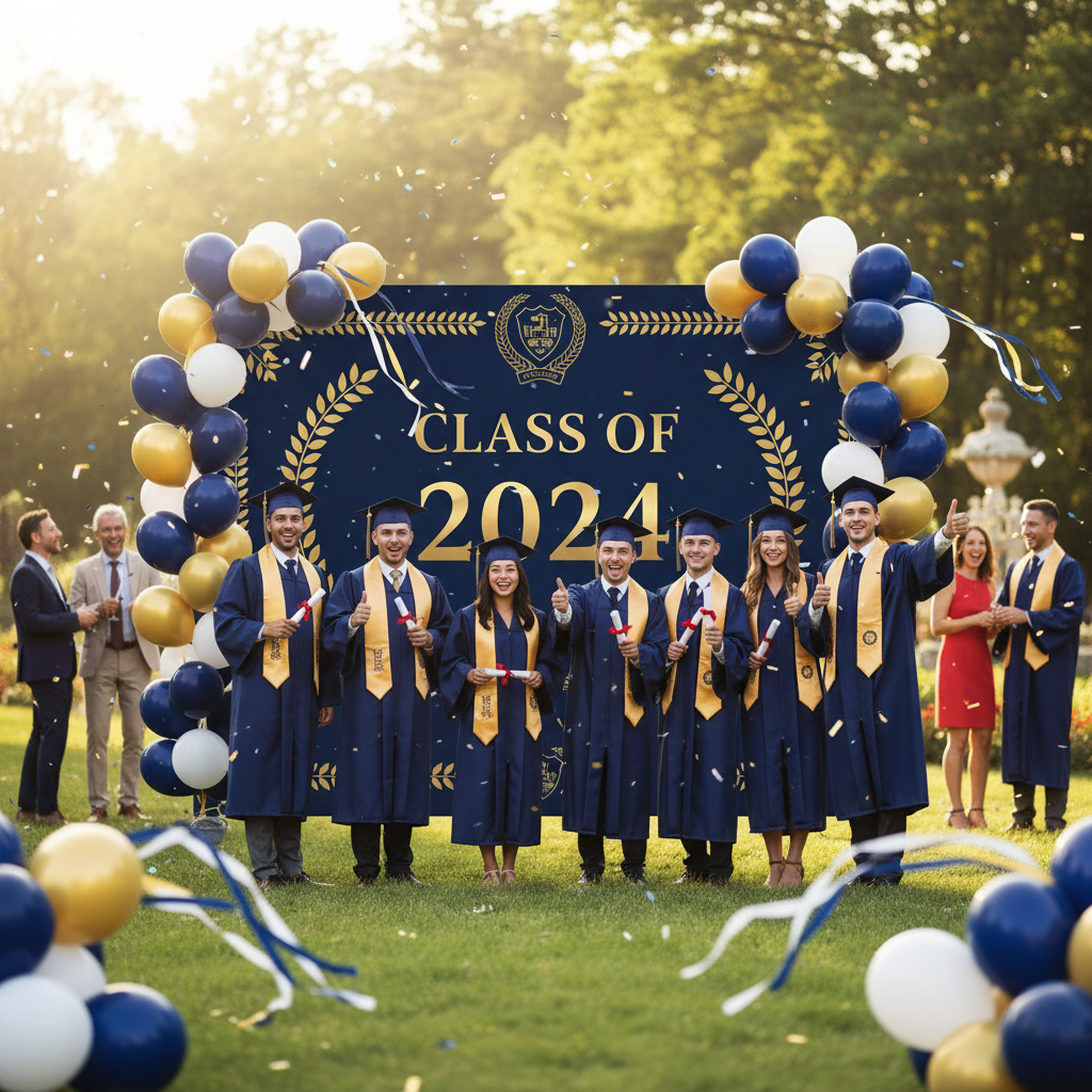 A group of smiling graduates posing in front of a custom graduation backdrop featuring their school's colors and logo, with confetti in the air.