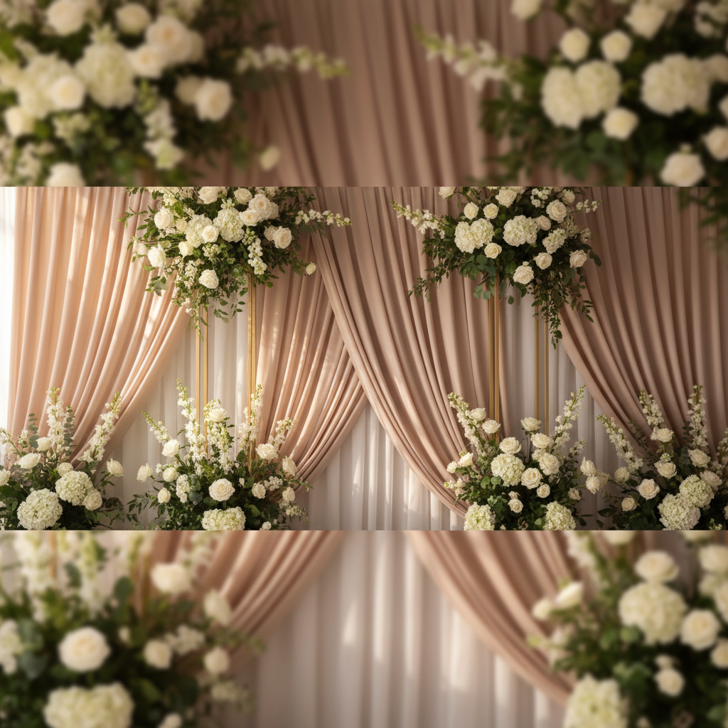 Elegant high end event backdrop with soft lighting and sophisticated floral arrangements