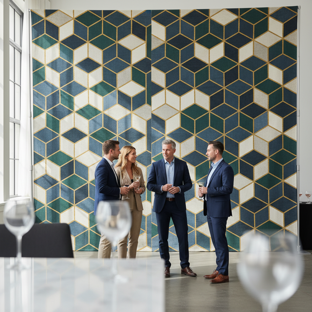 A vibrant custom fabric backdrop with a unique design at a corporate event
