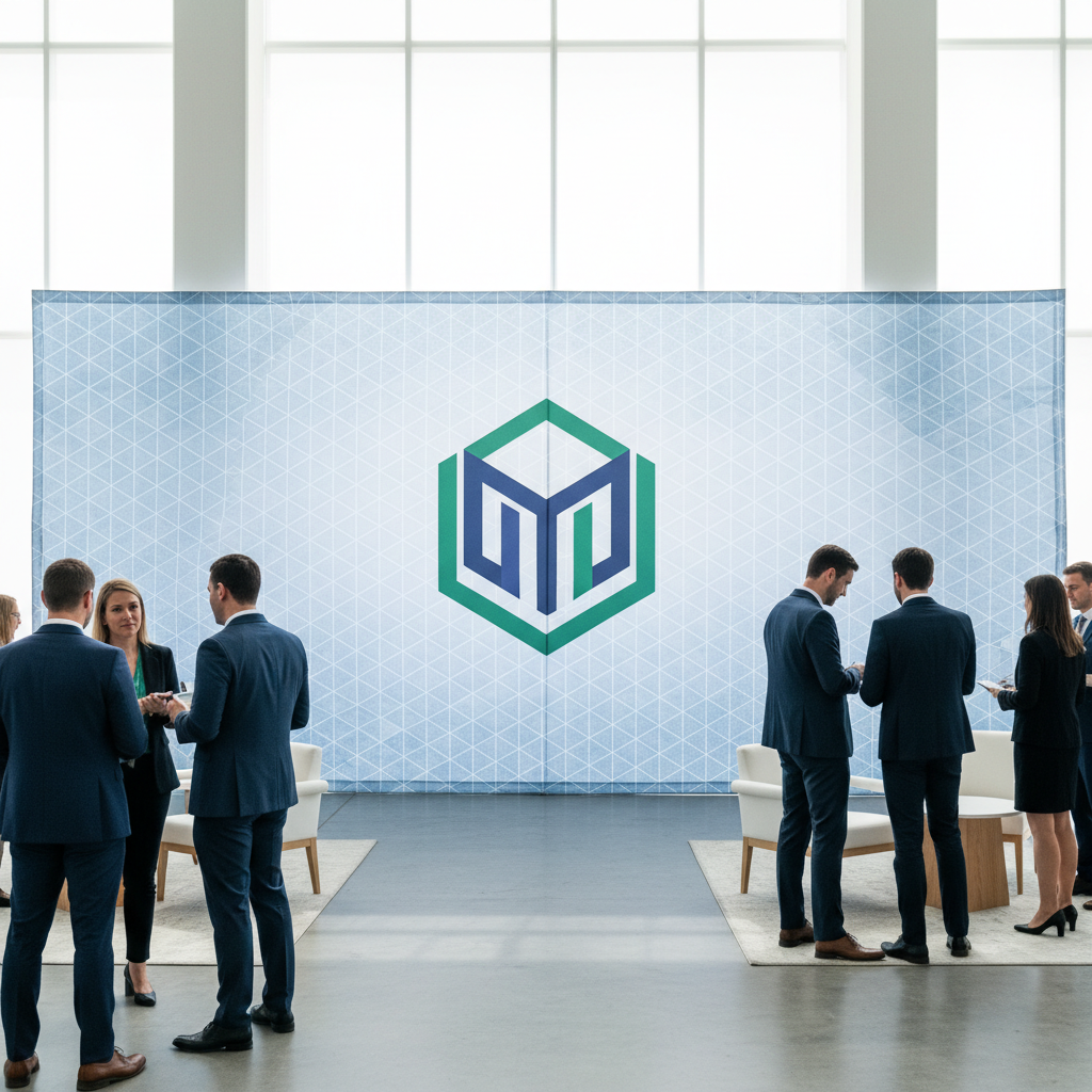 A vibrant event space featuring a large custom logo backdrop for a tech company, with guests posing for photos in front of it.