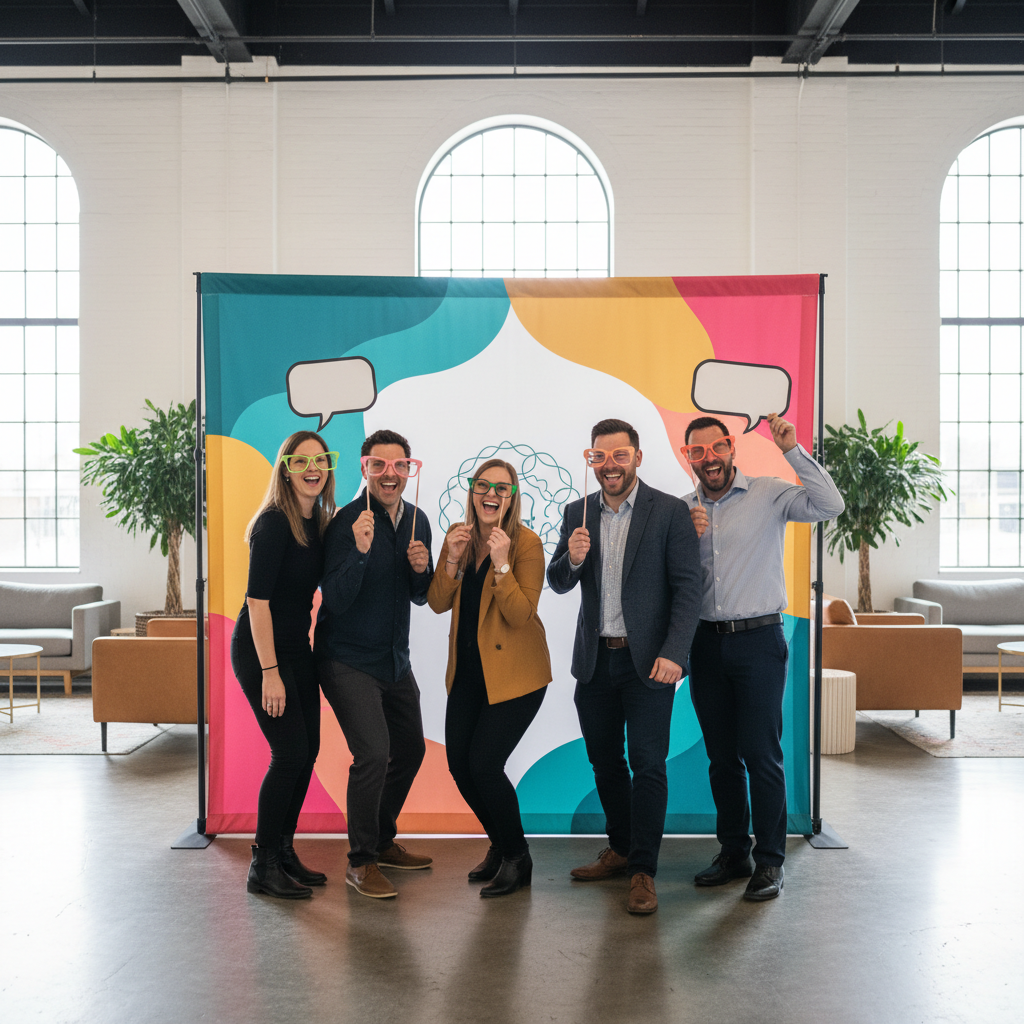 A diverse group of happy guests posing in front of a vibrant, custom photo booth backdrop with event branding, holding fun props.