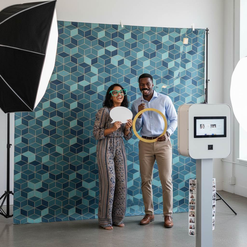 A vibrant custom photo booth backdrop with a geometric pattern, people laughing and posing in front of it at an event, bright lighting, and a modern feel.