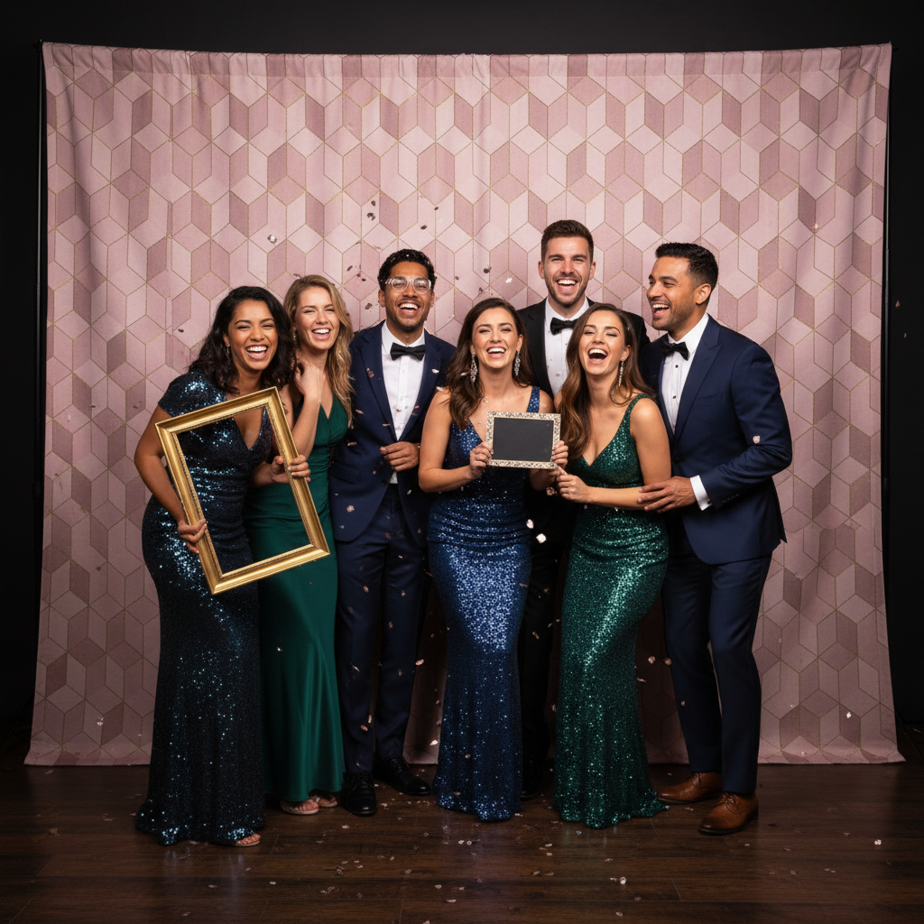 A vibrant photo booth backdrop with a group of smiling people posing, illustrating how to choose a photo booth backdrop.