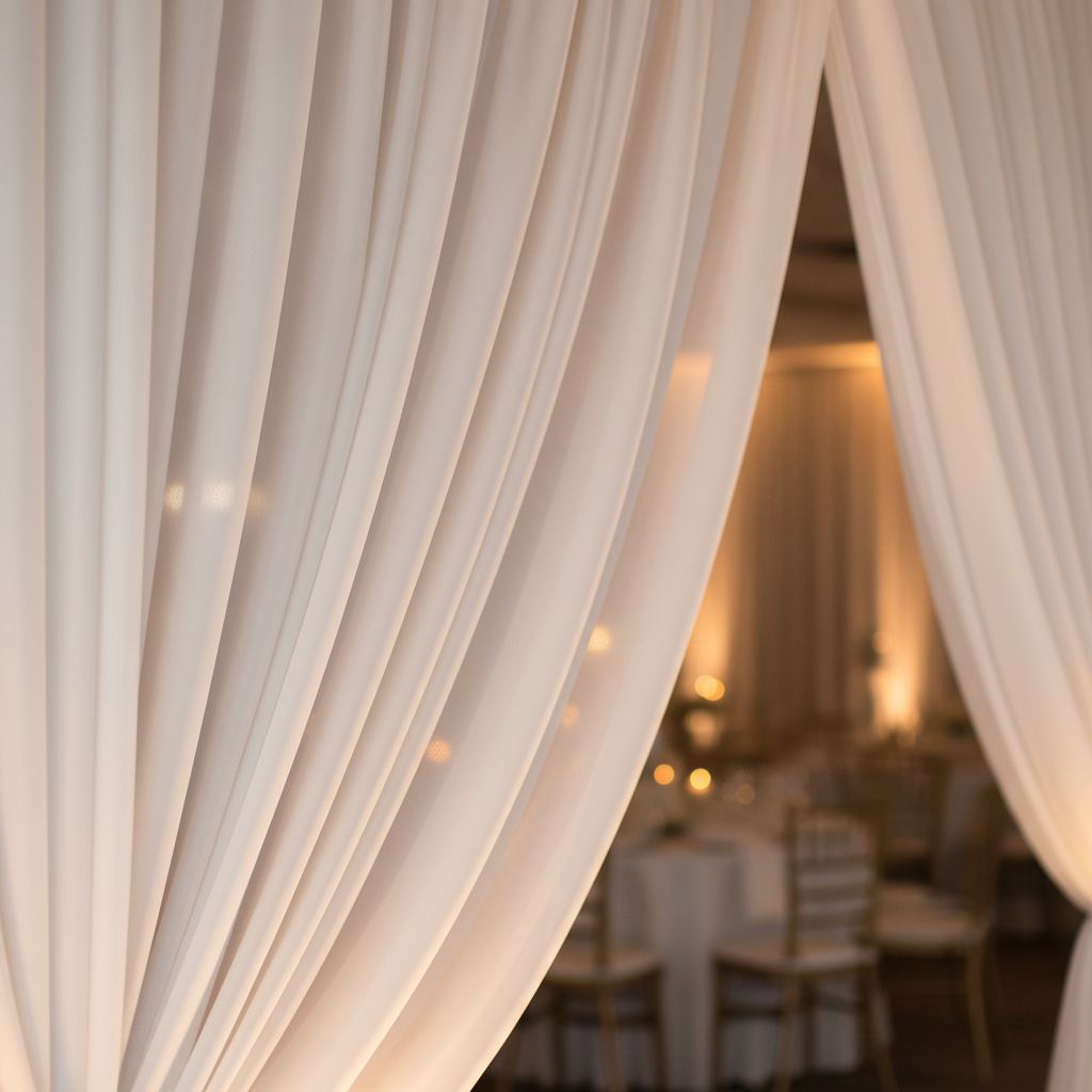 Elegant white luxury wedding drapery backdrop with soft uplighting and floral accents