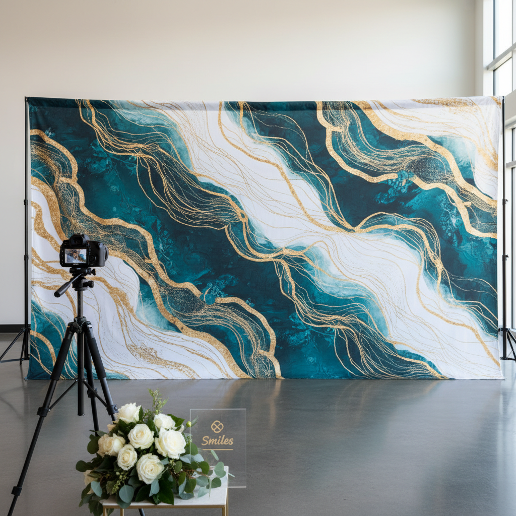 A vibrant custom backdrop design with geometric patterns, a camera in the foreground, ready for a photo booth experience