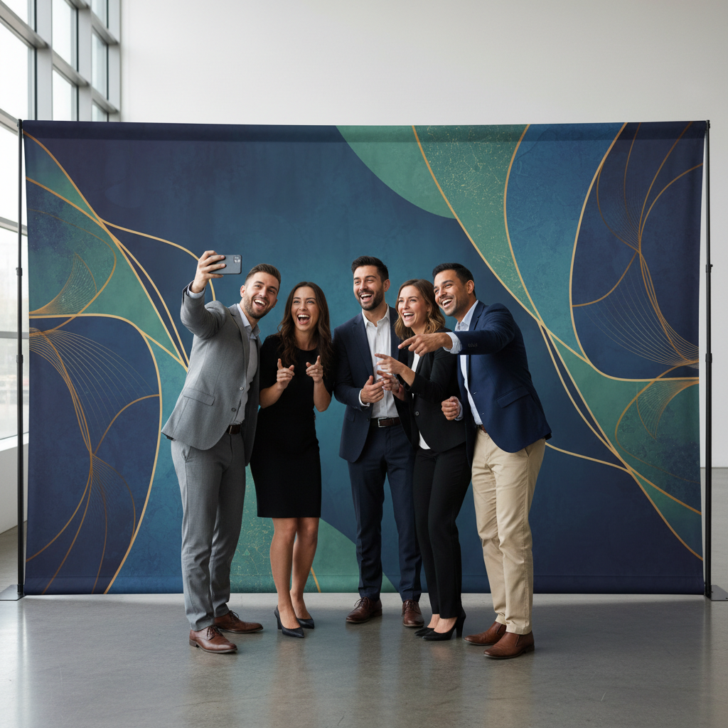 A group of people happily posing in front of a professionally designed custom backdrop at an event, with vibrant colours and clear branding.