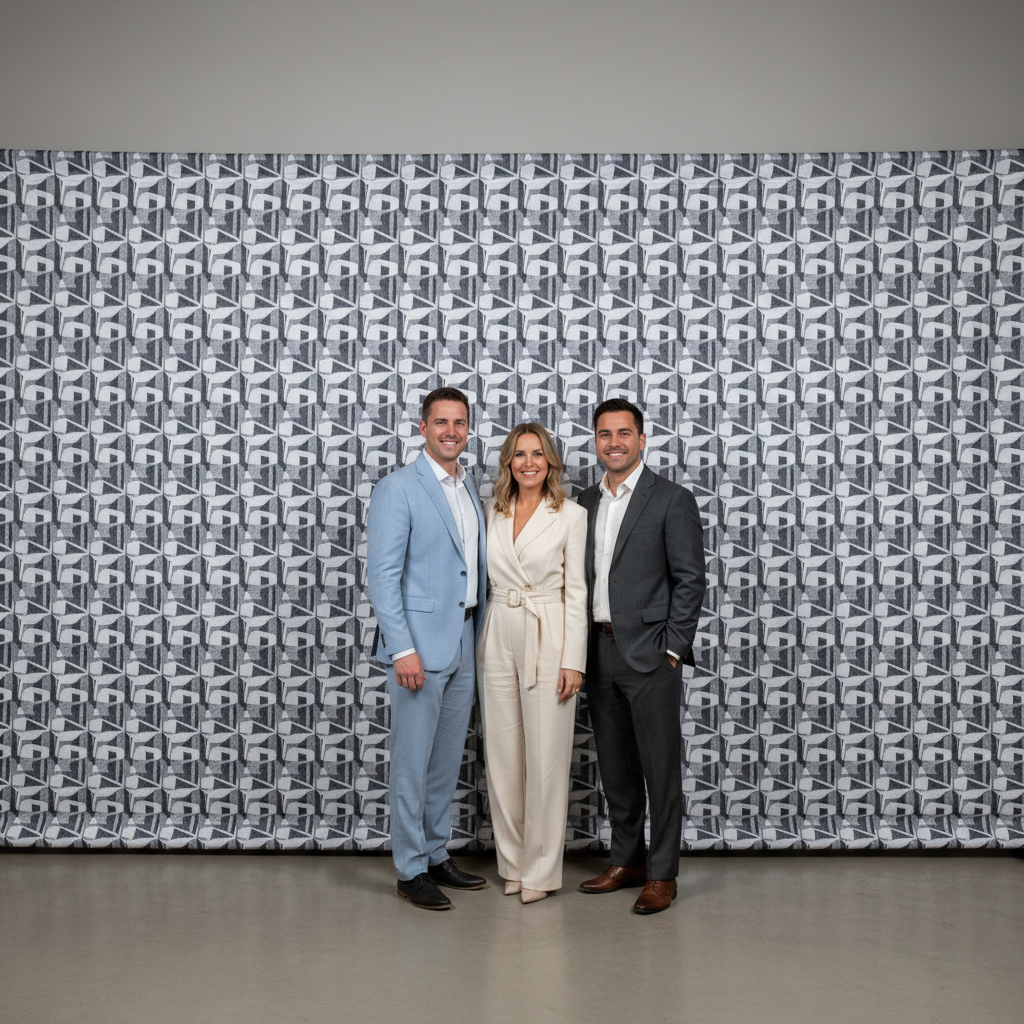 A vibrant custom step and repeat backdrop featuring a repeating logo pattern at an event, with guests posing for photos