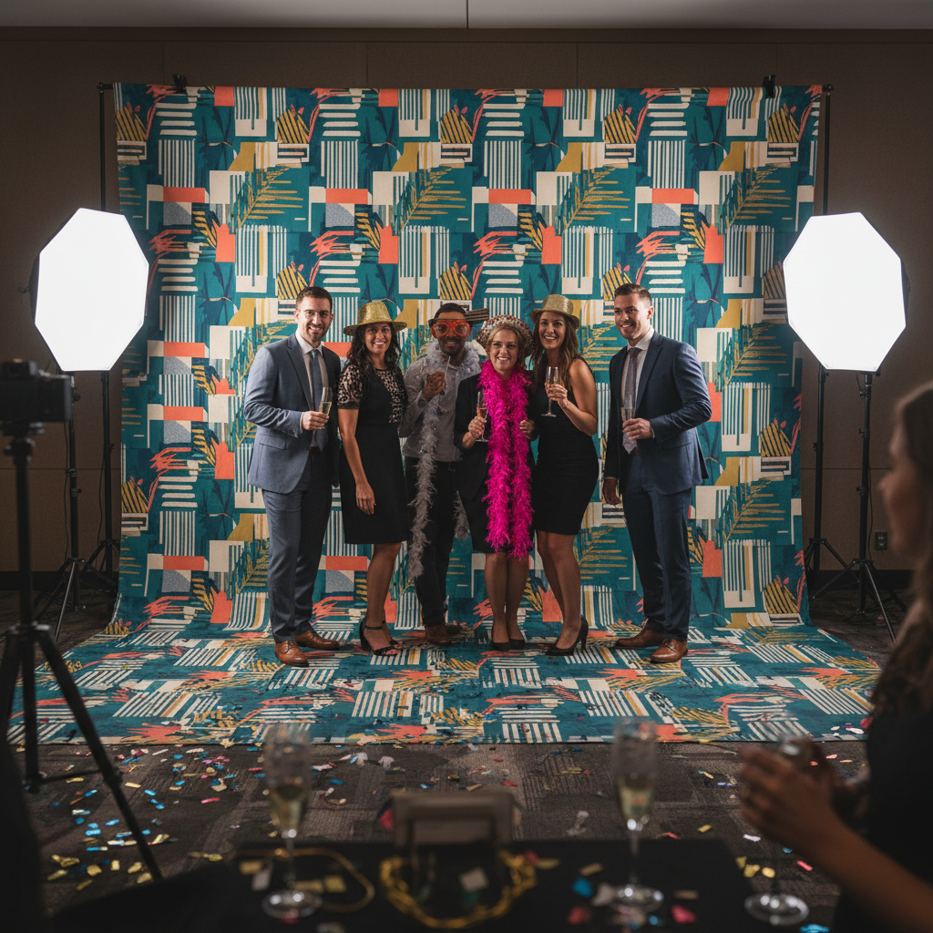 A vibrant photo booth backdrop with people posing, showcasing the custom design and high quality fabric, illustrating how to price photo booth backdrops