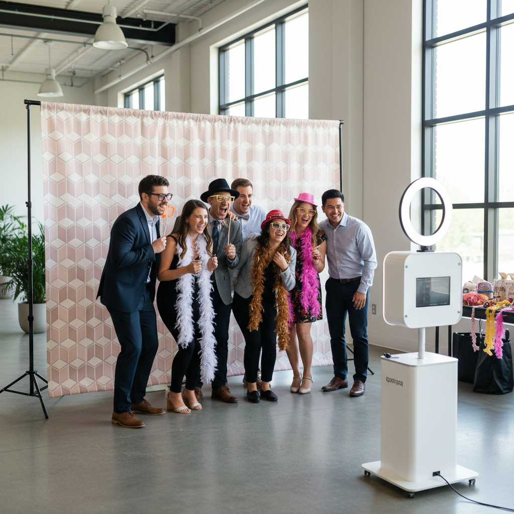 A brightly lit photo booth setup with a beautiful custom photo booth backdrop behind a group of smiling people, showing a fun event atmosphere.