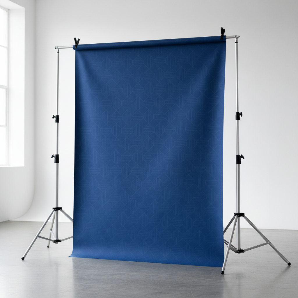 A sleek, modern backdrop stand set up in a clean studio, with a vibrant custom fabric backdrop draped over it, ready for a photo booth