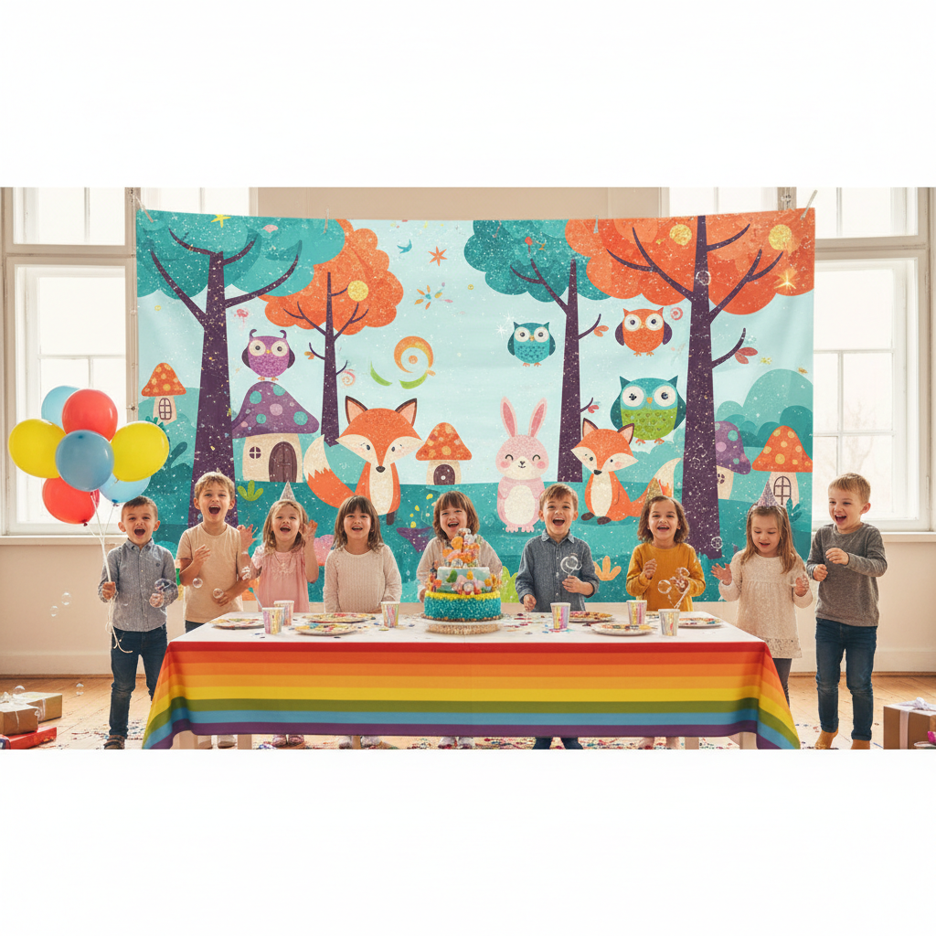 Colorful kids party with a fun, custom birthday party backdrop