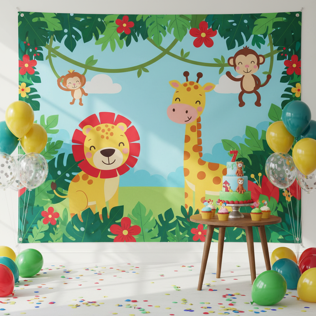 A vibrant children's party scene with a colorful kids party backdrop featuring balloons and cutouts.