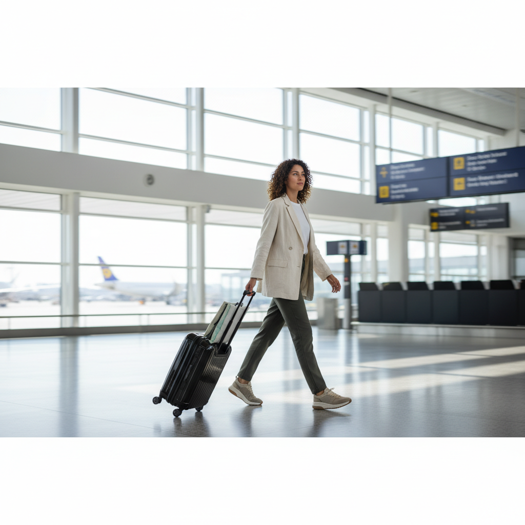 A person easily carrying a lightweight backdrop for travel, which is packed in a compact bag, through an airport terminal.