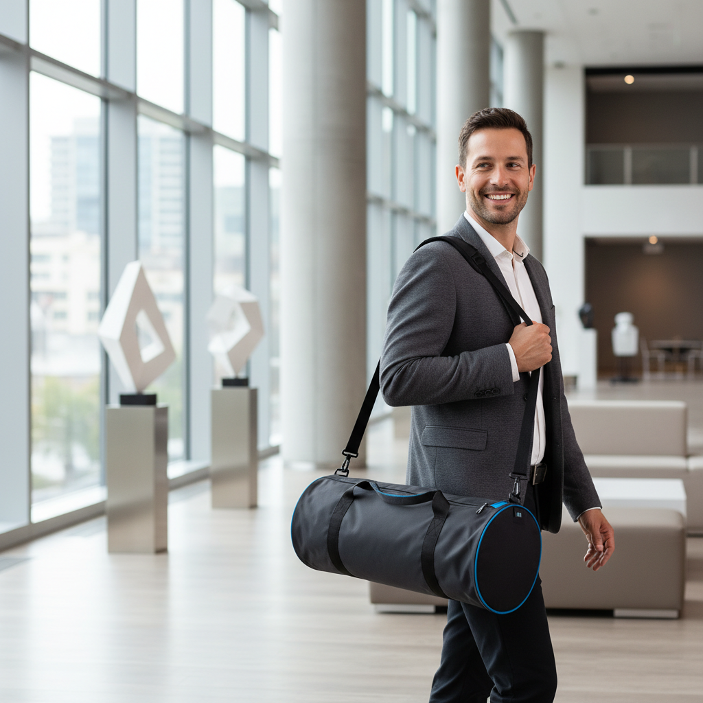 A person easily carrying a rolled-up lightweight backdrop for travel in a carrying bag, with a modern event space in the background.