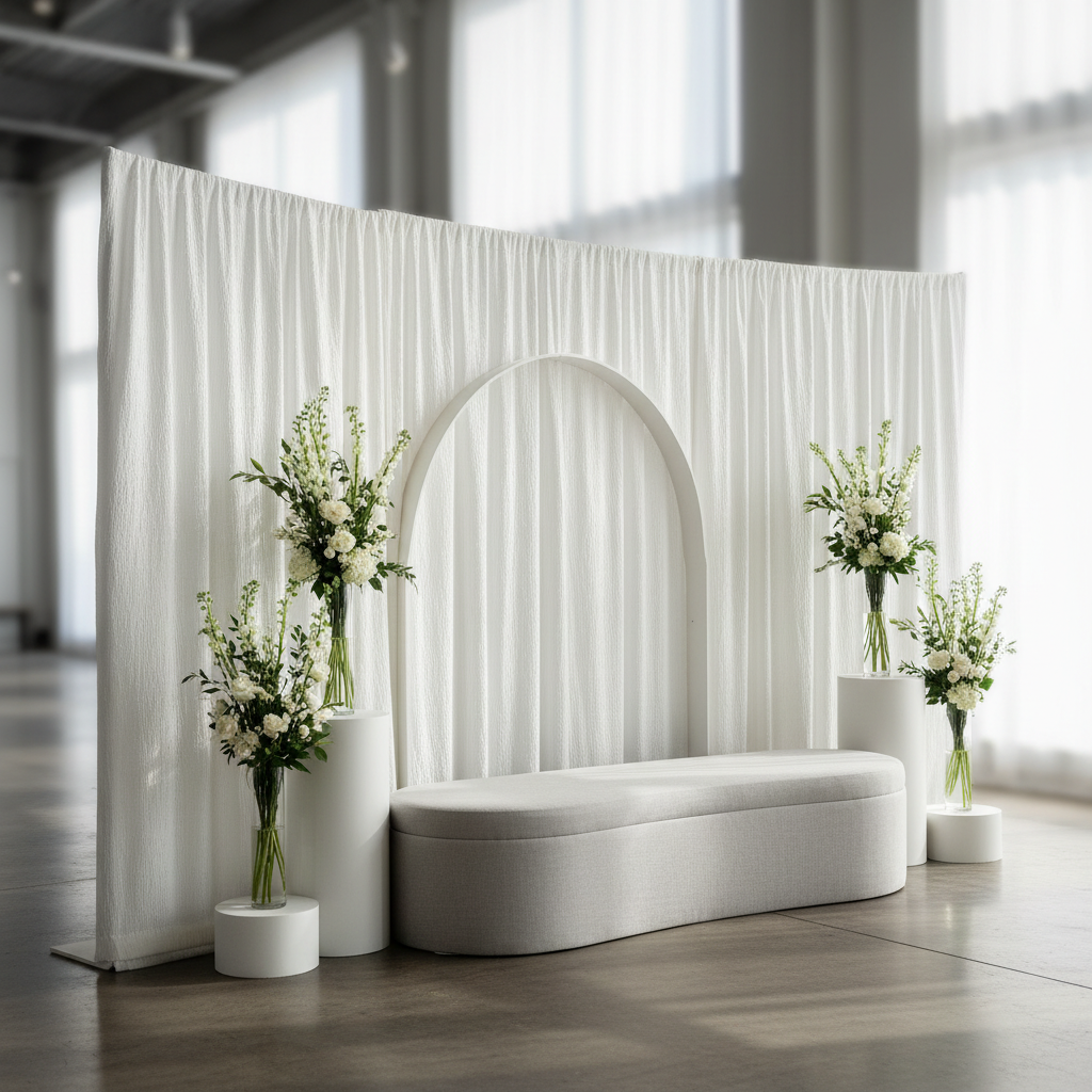 A sophisticated photoshoot setup featuring a minimalist luxury editorial backdrop style with soft, diffused lighting and elegant props.