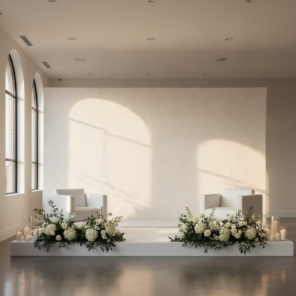 A grand event space featuring a large, elegant luxury editorial backdrop style in deep blues and golds, with soft lighting highlighting its texture and design.