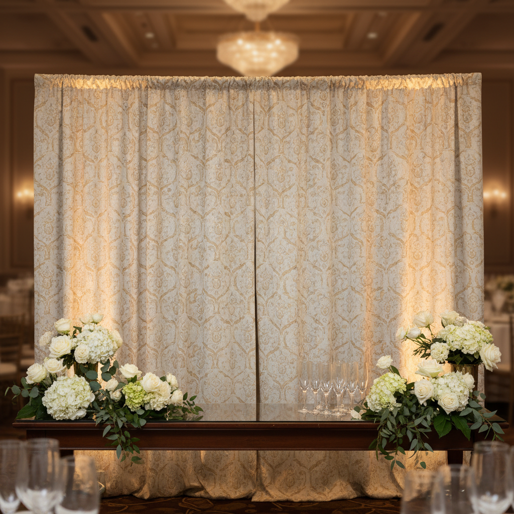 Elegant gold and white luxury party backdrop design with soft lighting and subtle floral accents