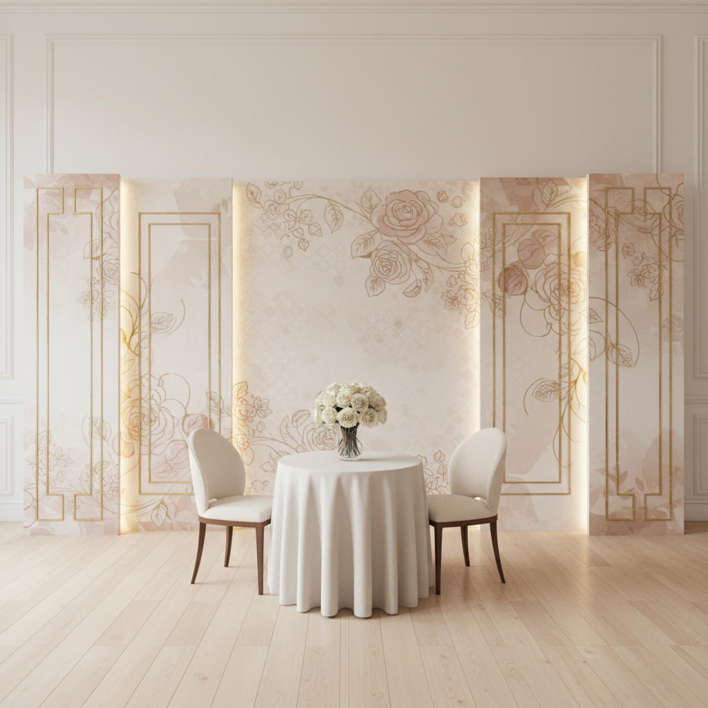 Elegant custom party backdrop with soft lighting and floral arrangements, showcasing a luxury party backdrop design