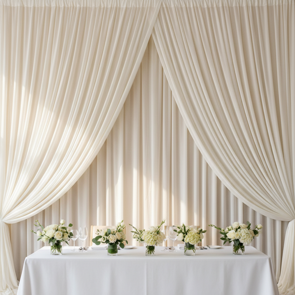 A luxurious white and gold wedding drapery backdrop with soft lighting, creating an elegant photo opportunity.