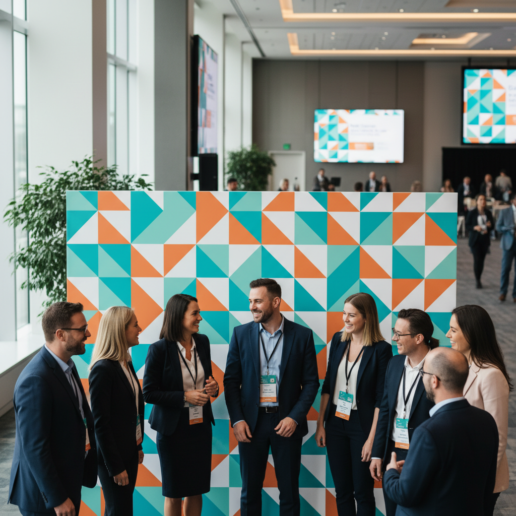 A vibrant marketing event backdrop with a company logo and interactive elements, showcasing creative marketing event backdrop ideas