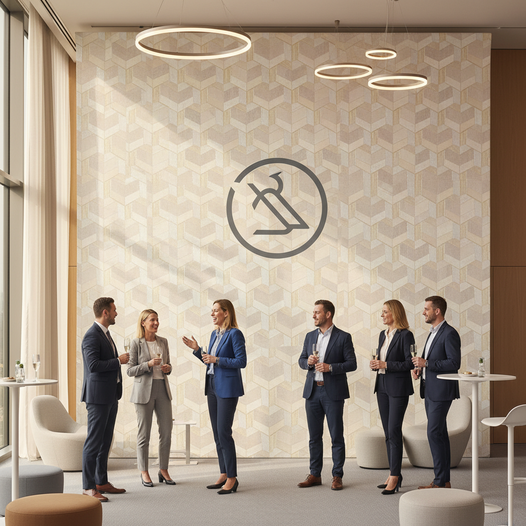 A vibrant marketing event backdrop with a company logo prominently displayed, set up in a modern event space with warm lighting.