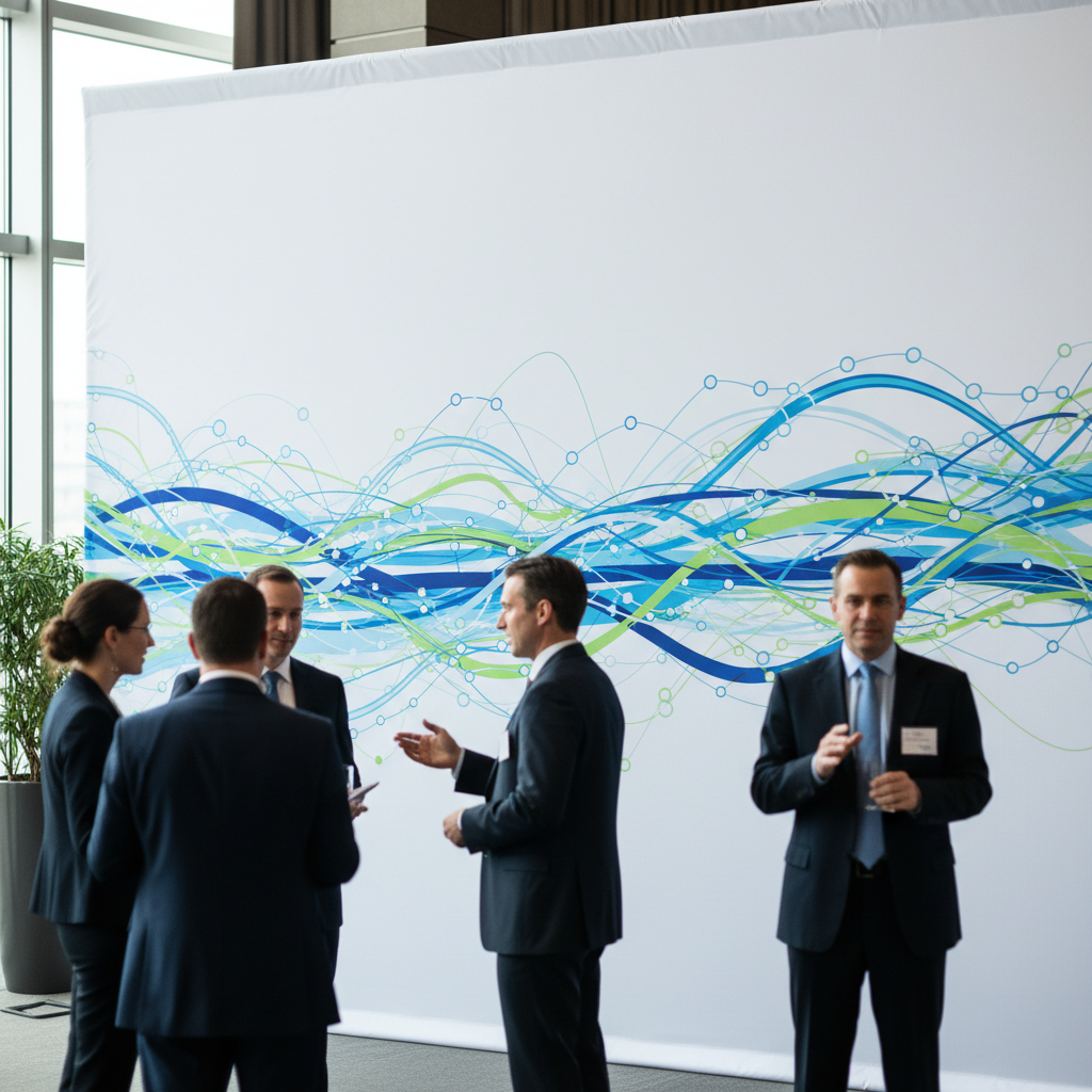 A vibrant event branding backdrop printing example with a company logo prominently displayed at a trade show booth.