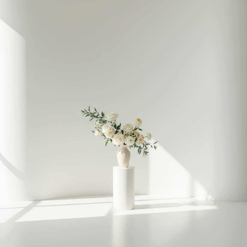 A clean, white minimalist backdrop setup for an event, featuring a single elegant floral arrangement and soft, natural lighting, highlighting minimalist backdrop ideas for events.