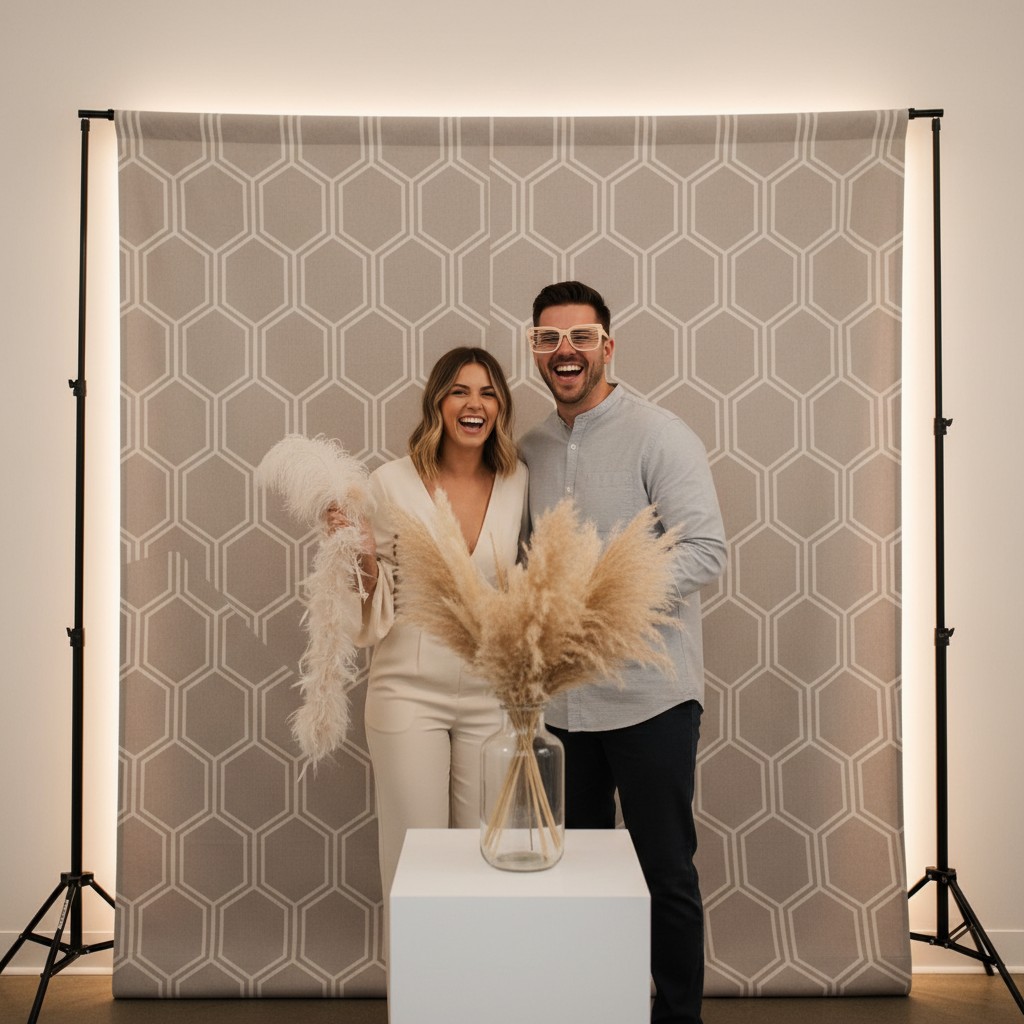 A sleek photo booth setup with a neutral-toned modern photo booth backdrop, featuring clean lines and a soft glow, with a couple laughing and posing
