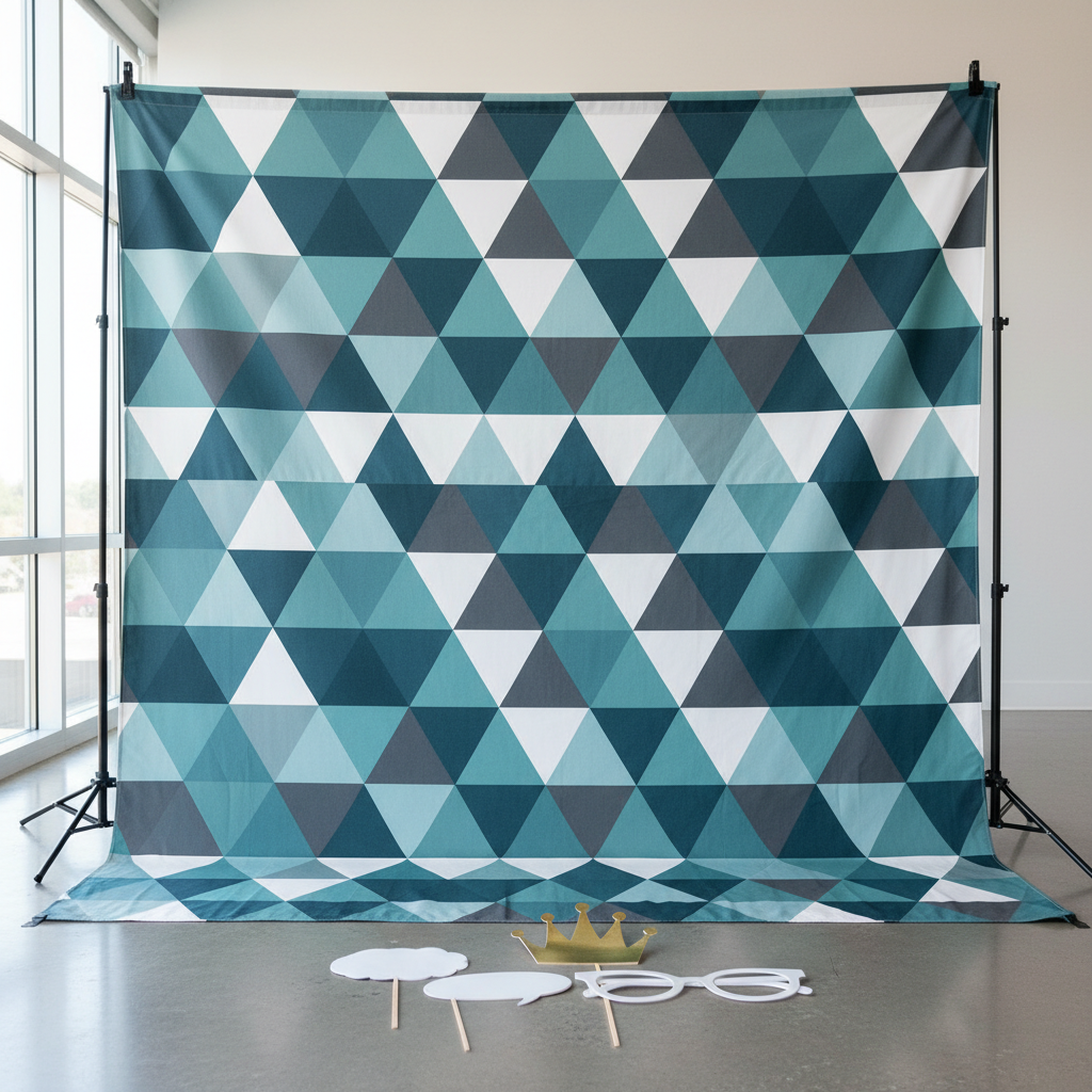 A sleek photo booth setup featuring a modern photo booth backdrop with geometric patterns in cool tones.