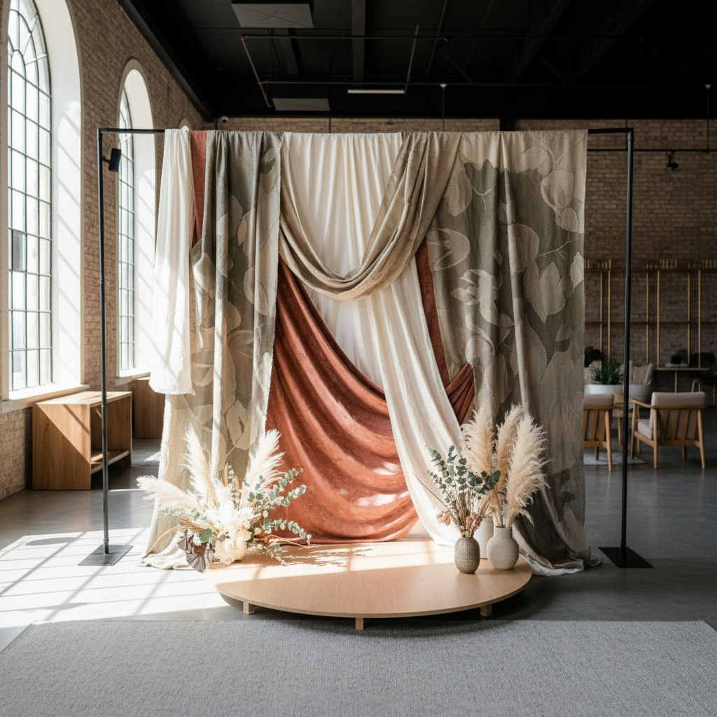 A modern wedding photo booth backdrop with geometric shapes and soft pastel colors, set up in a bright, airy venue