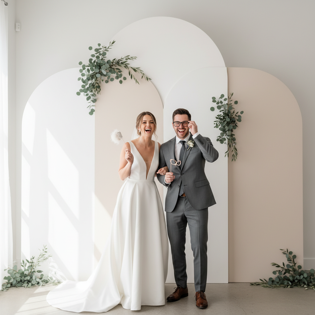 A modern wedding photo booth backdrop with geometric shapes and soft floral accents, lit with warm, inviting light.