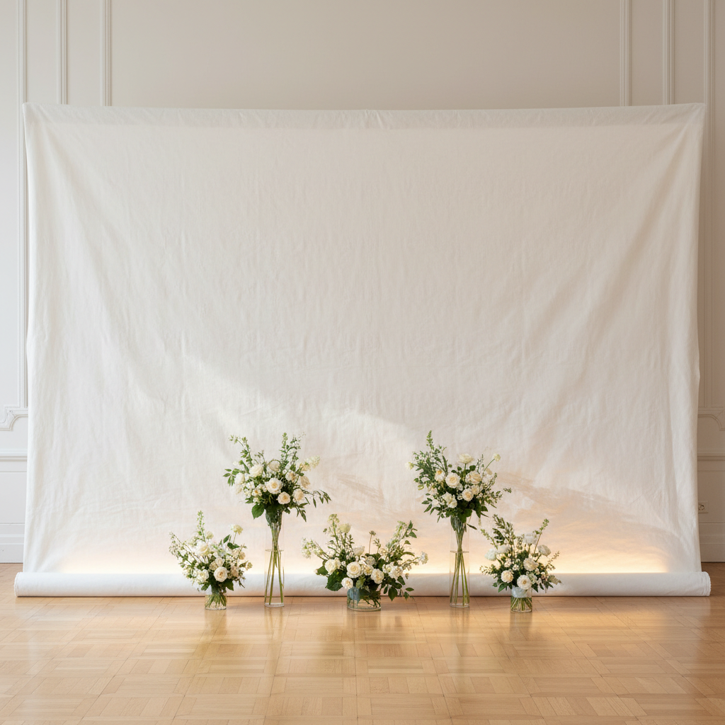 Elegant event space with a cream-colored neutral backdrop, soft uplighting, and a subtle floral arrangement, showcasing a neutral backdrop aesthetic for events