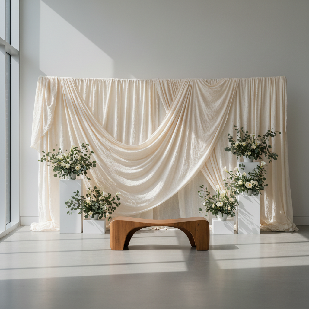 A bright, modern photo booth setup with a custom botanical-themed Ottawa photo booth backdrop. Guests are laughing and posing, holding fun props.